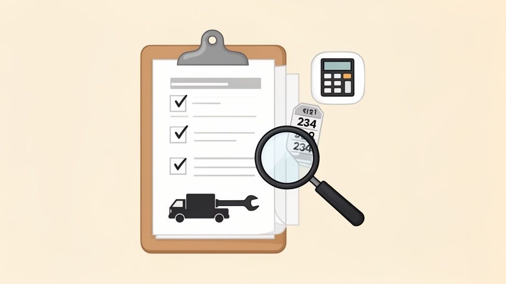 Clipboard with a checklist, truck and wrench, magnifying glass, and calculator, symbolizing vehicle inspection or route management.