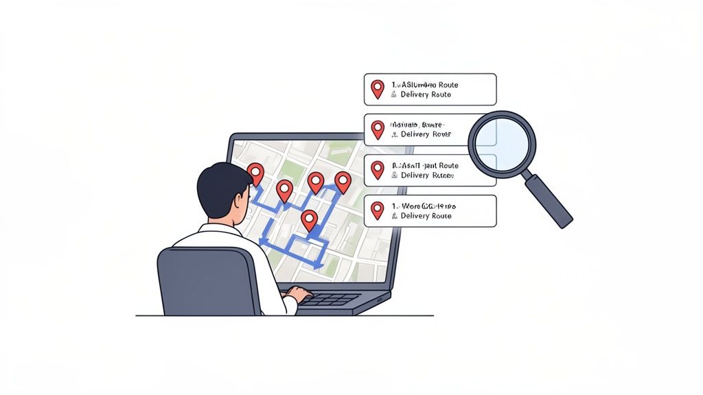 A person views delivery routes on a laptop with a map, optimizing logistics and planning efficient paths.