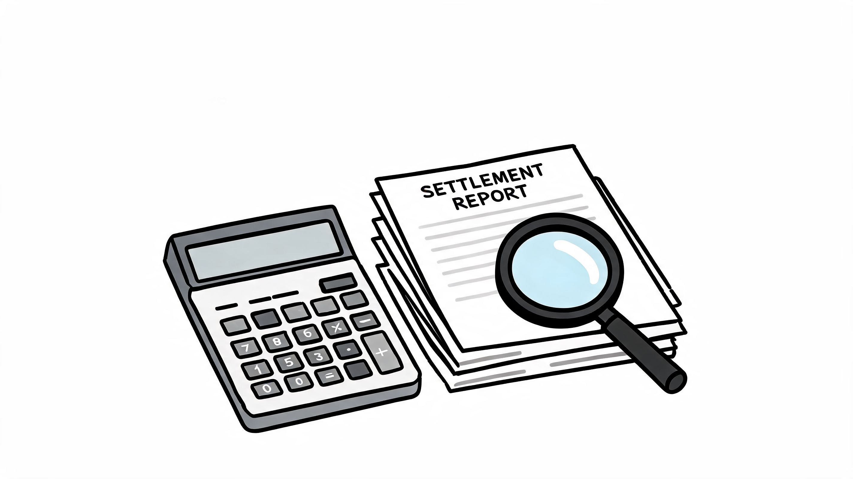 A hand-drawn illustration of a calculator next to a stack of settlement report documents with a magnifying glass.