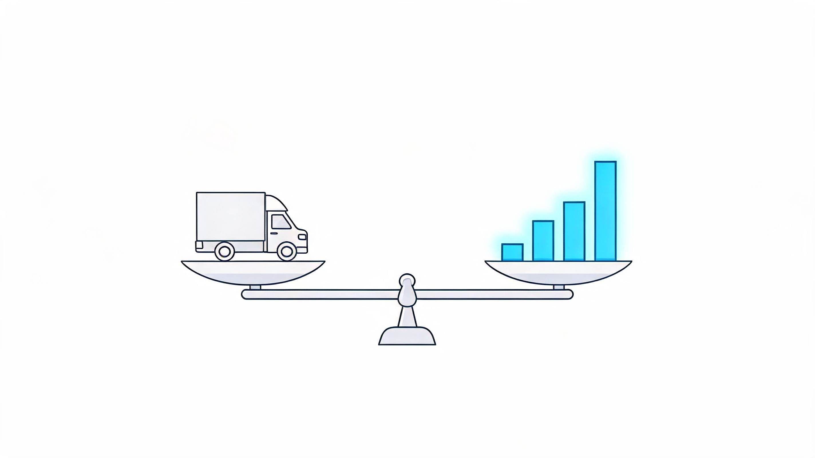 A digital illustration showing a balance scale with a delivery truck on one side and growing charts on the other.