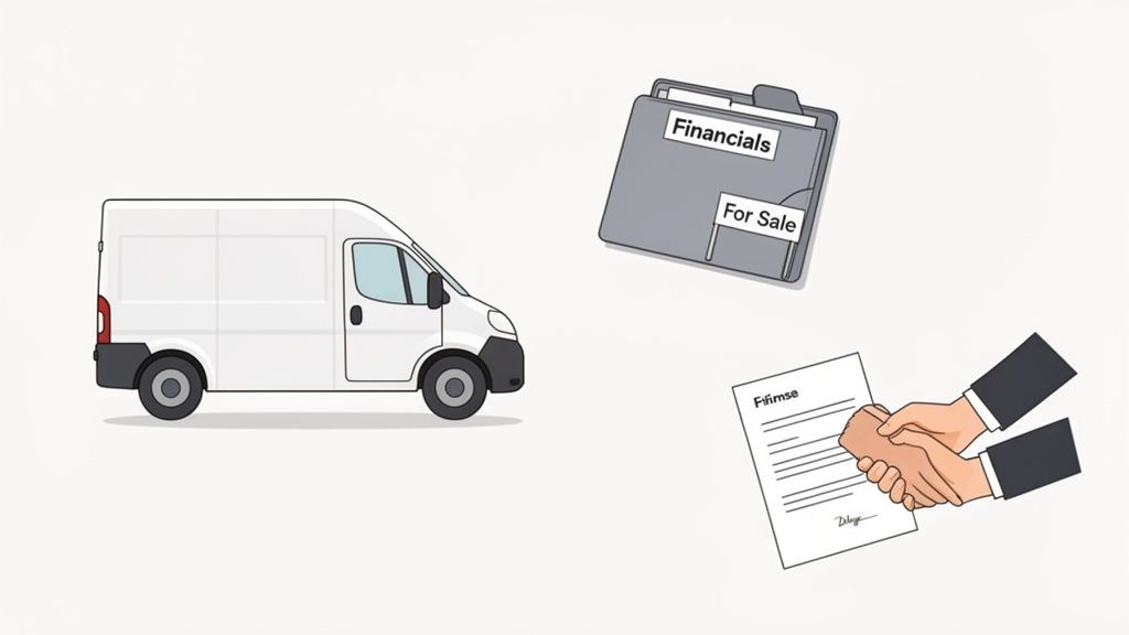 Illustration of a white delivery van, a 'For Sale' folder with financials, and a handshake over a business document.