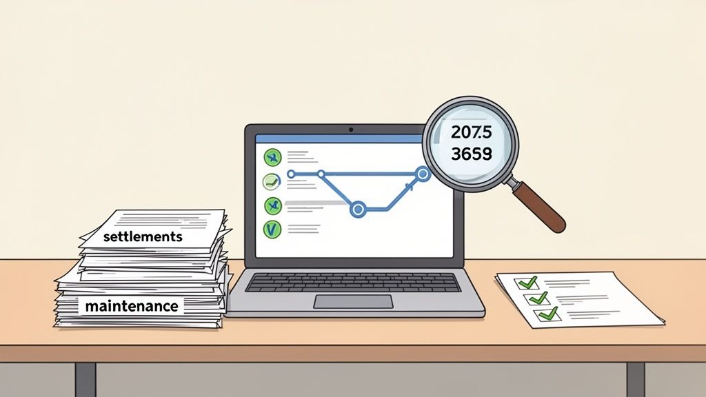 A laptop displaying a data graph, with papers labeled 'settlements' and 'maintenance' on a desk.