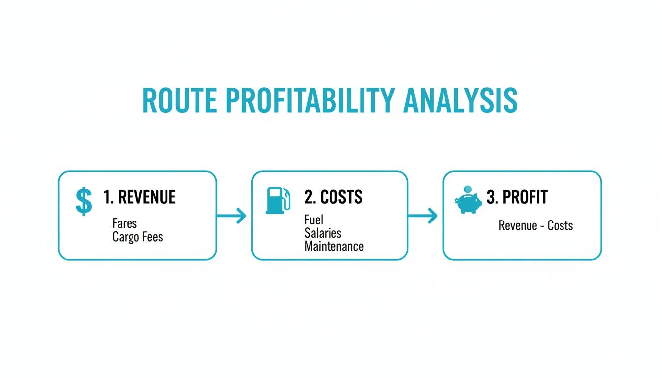 Flowchart illustrating route profitability analysis, detailing revenue, costs, and profit calculation.