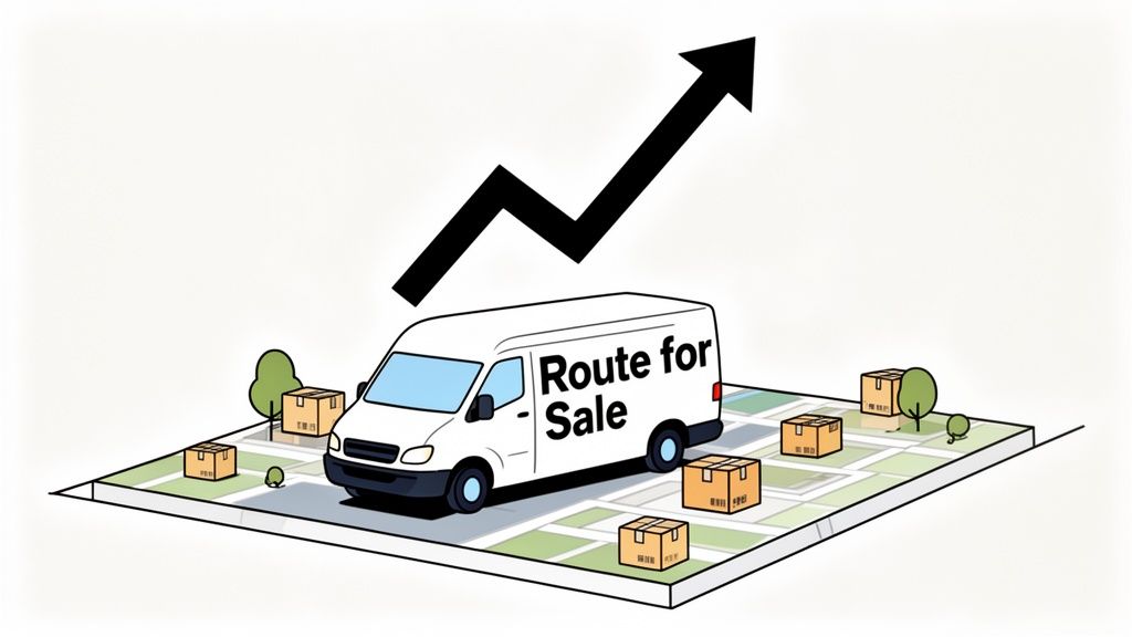 A delivery van with 'Route for Sale' text, surrounded by boxes on a map, under an upward trending arrow.