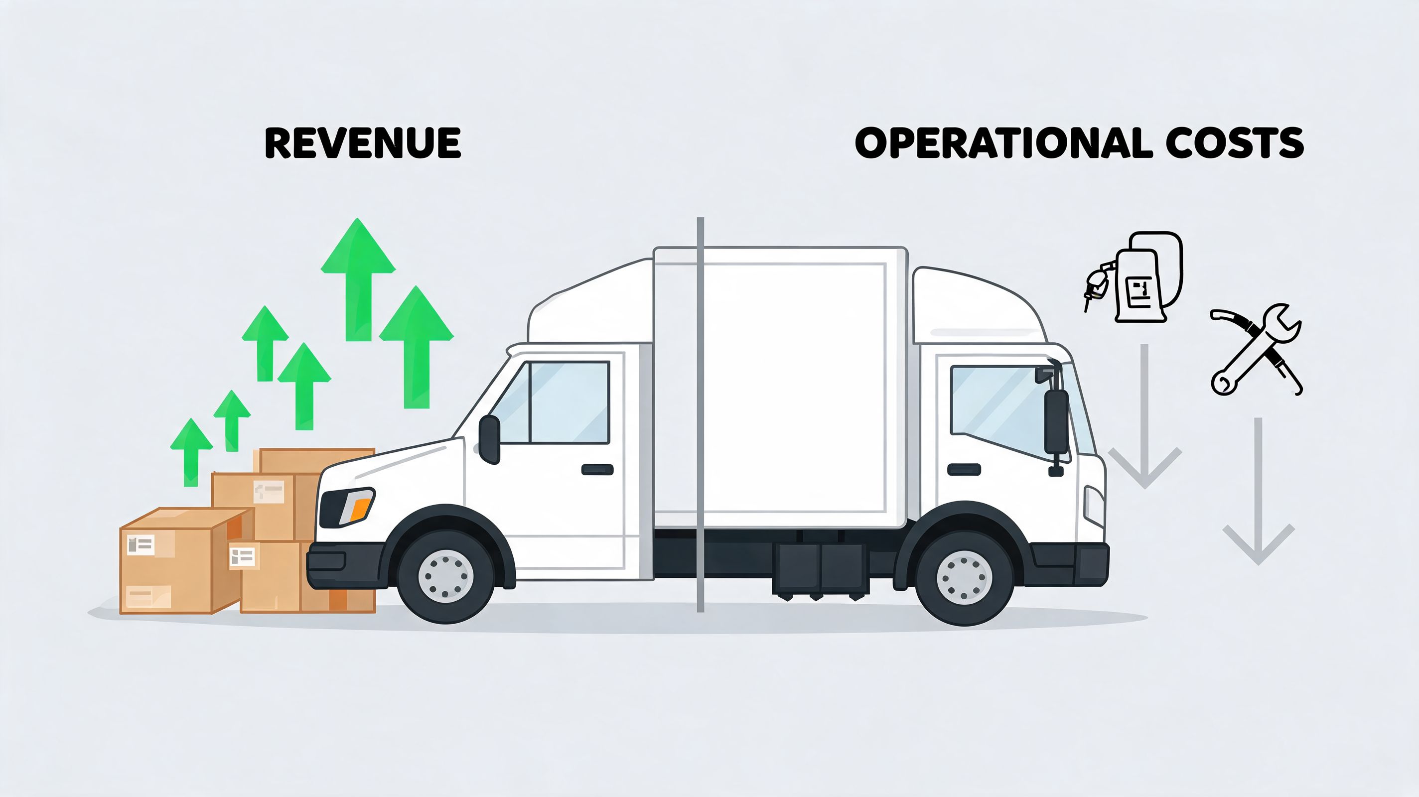 A truck illustration depicting increasing revenue from shipments and decreasing operational costs like fuel and maintenance.