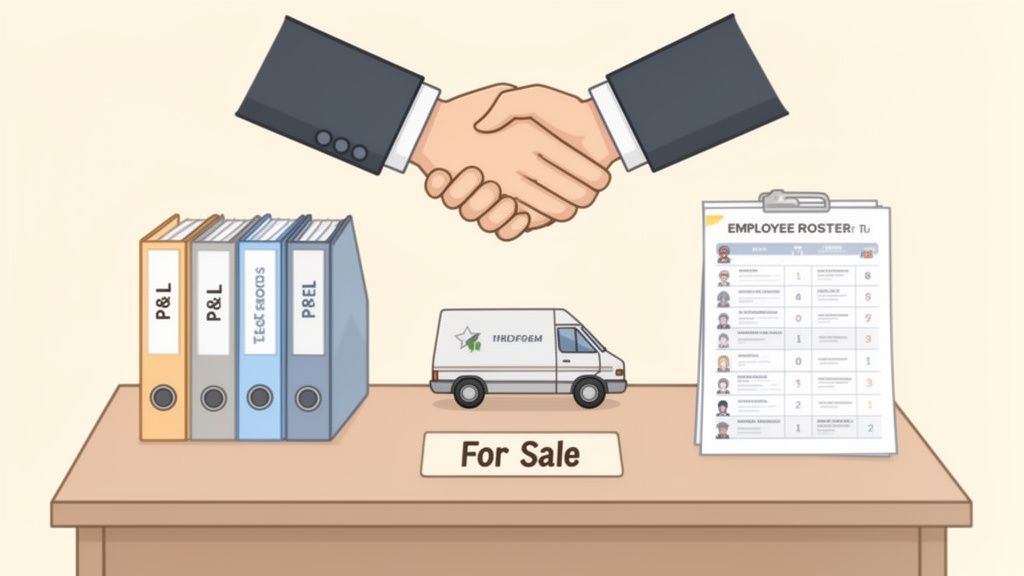 Two hands shaking above a table with business assets, financial records, and employee roster.