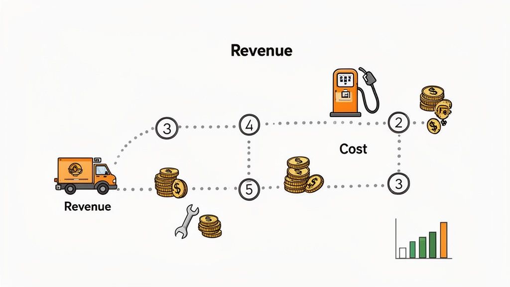 A diagram illustrates business revenue from a truck and costs like fuel, maintenance, and other expenses with numbered steps.