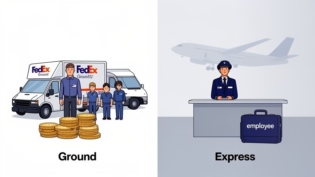 FedEx Ground delivery personnel and trucks contrasted with an FedEx Express pilot and airplane.