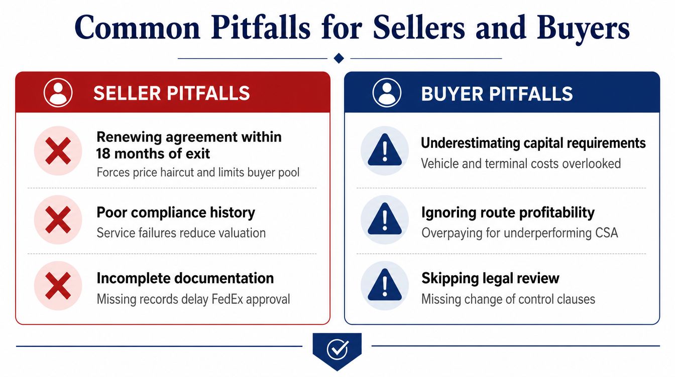 An infographic titled Common Pitfalls for Sellers and Buyers listing mistakes in FedEx ISP business transactions.