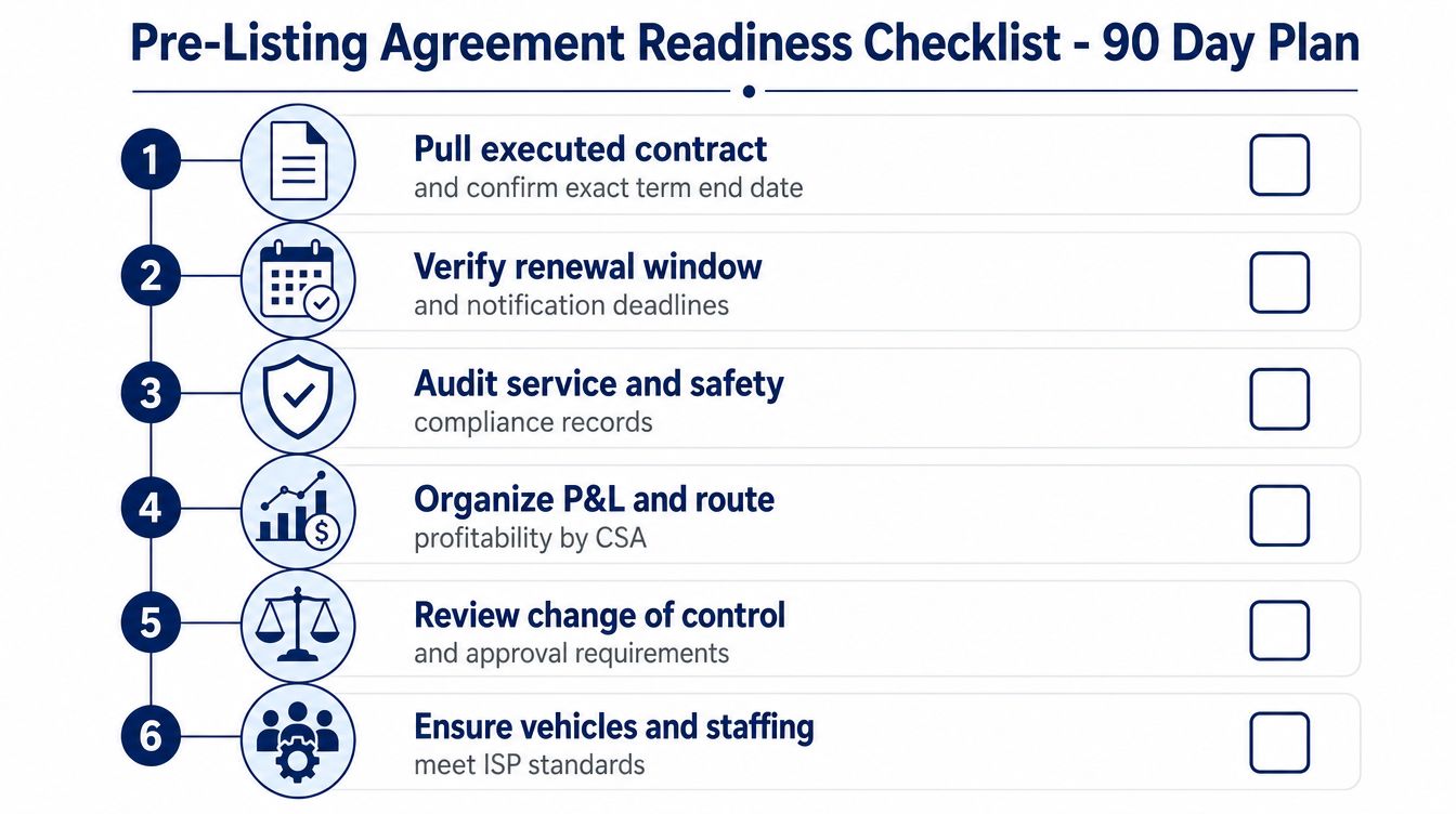 A 90-day pre-listing agreement readiness checklist for business owners detailing six essential steps for organizational compliance.