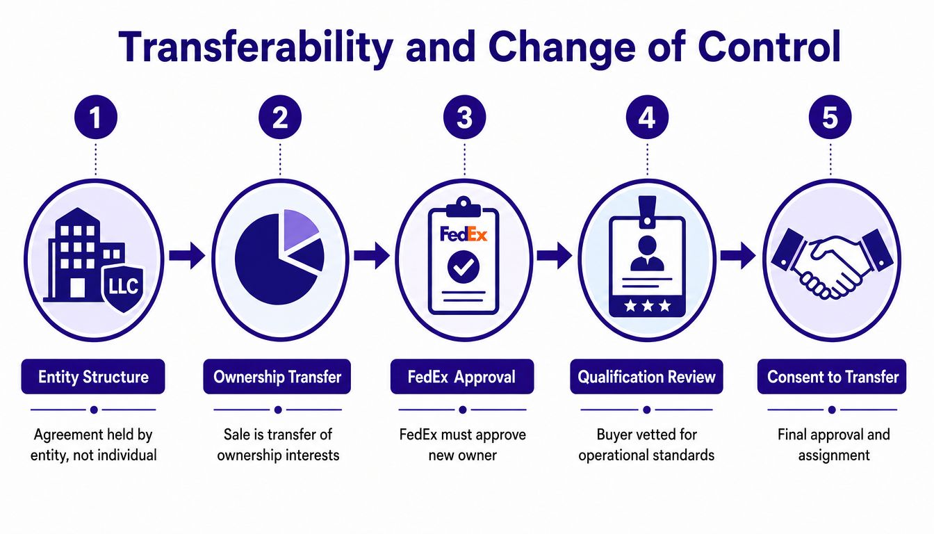 A five-step flowchart illustrating the transferability and change of control process for a FedEx ISP agreement.