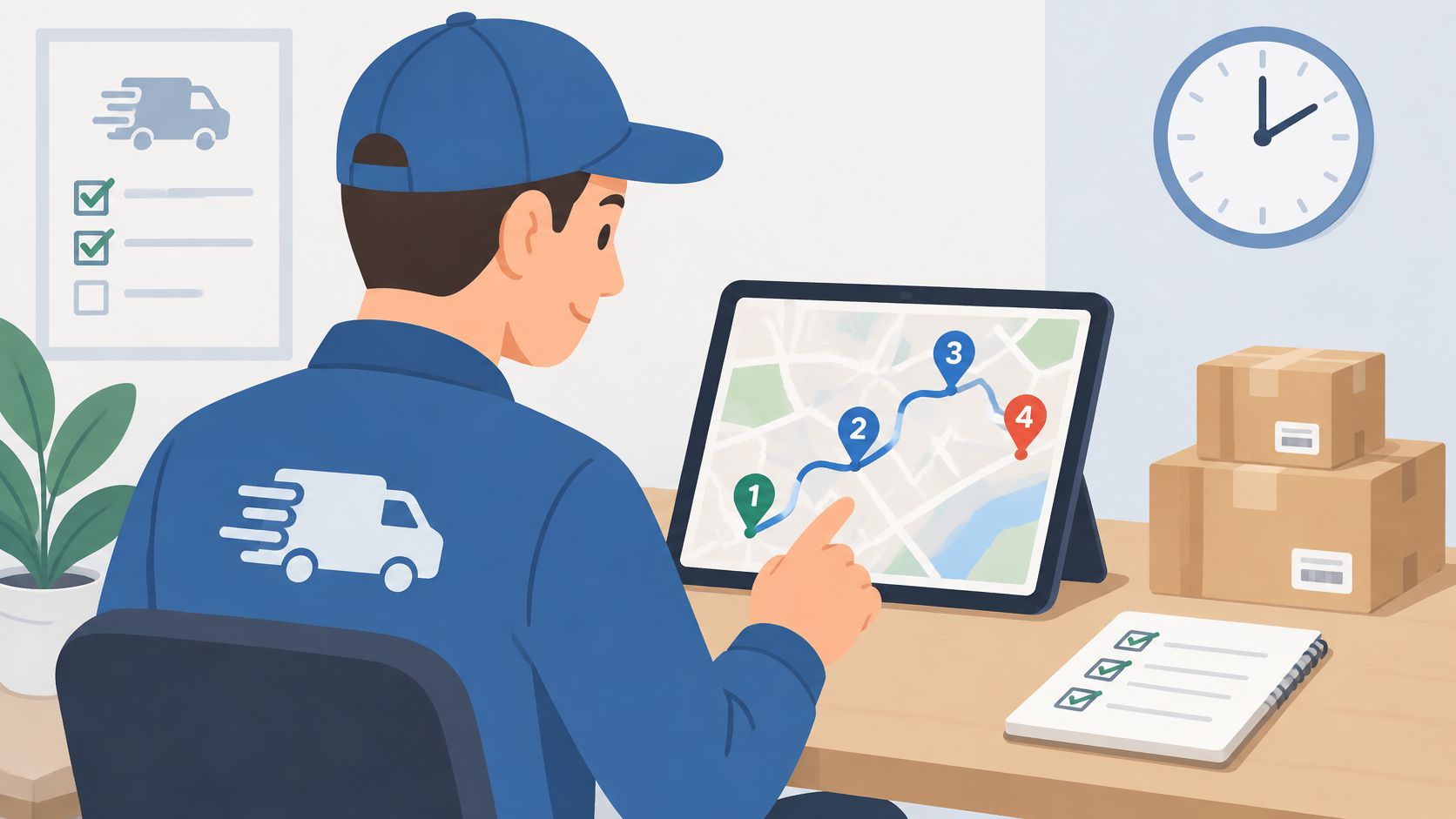 A delivery driver in a blue uniform checks delivery routes on a tablet at a desk.