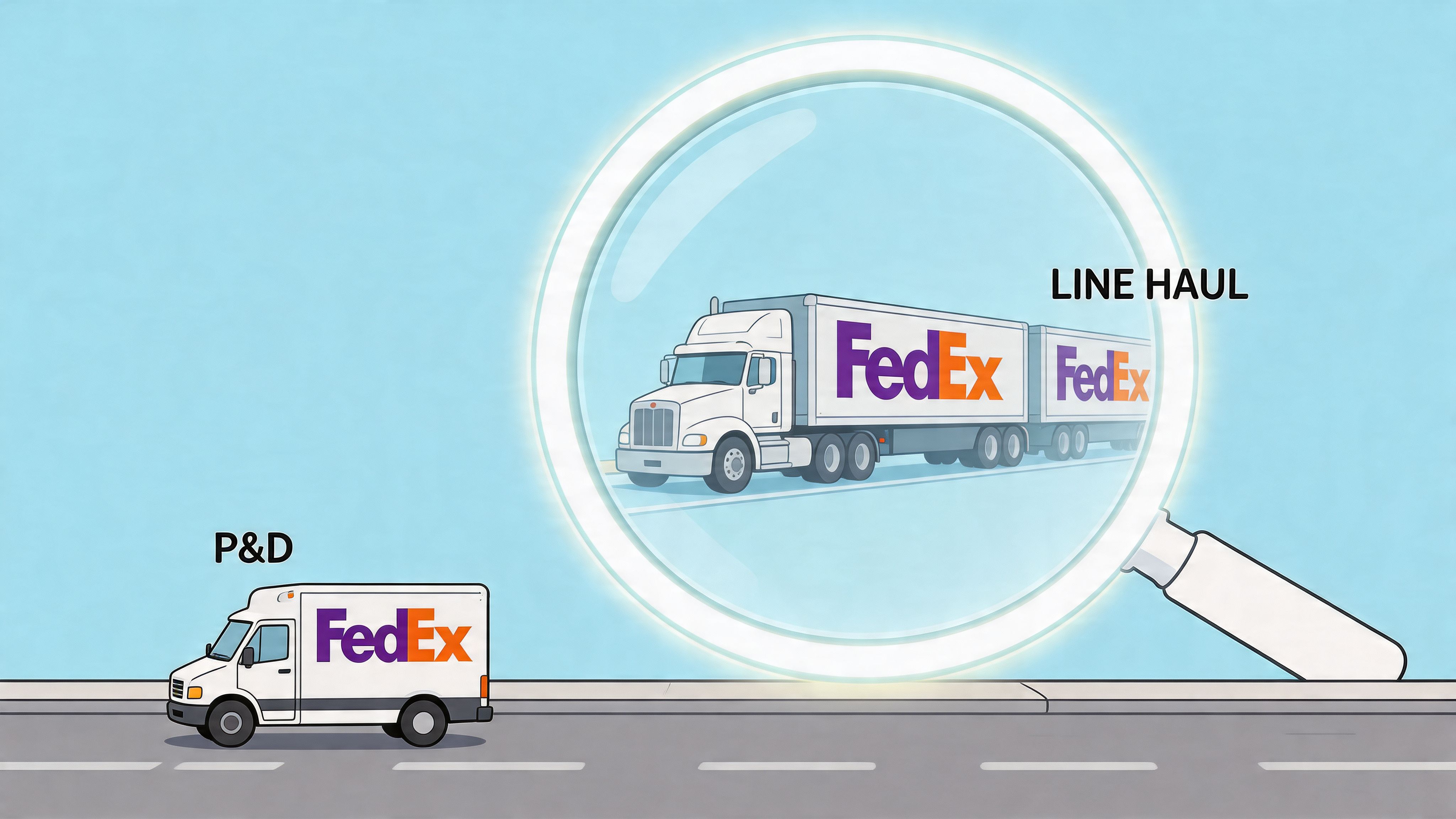 A FedEx delivery van labeled P&D and a semi-truck labeled Line Haul viewed through a magnifying glass.