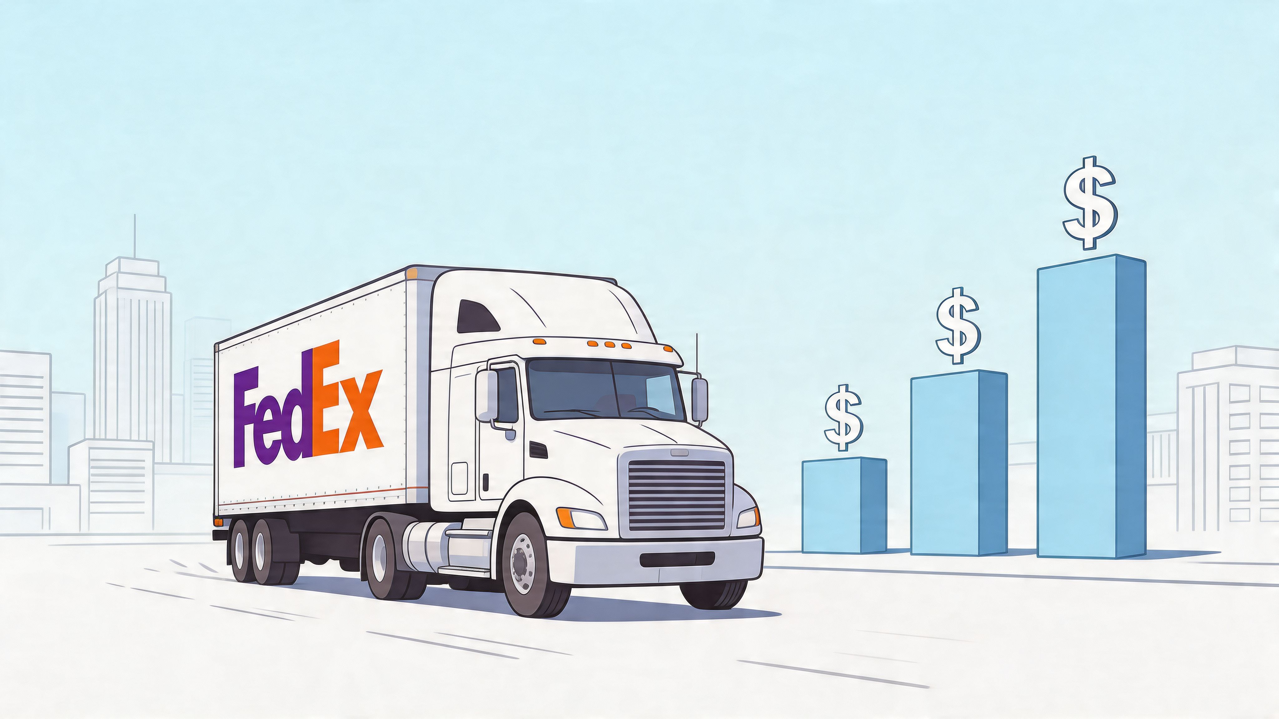 A FedEx delivery truck driving past a rising financial chart representing increasing logistics costs and shipping prices.