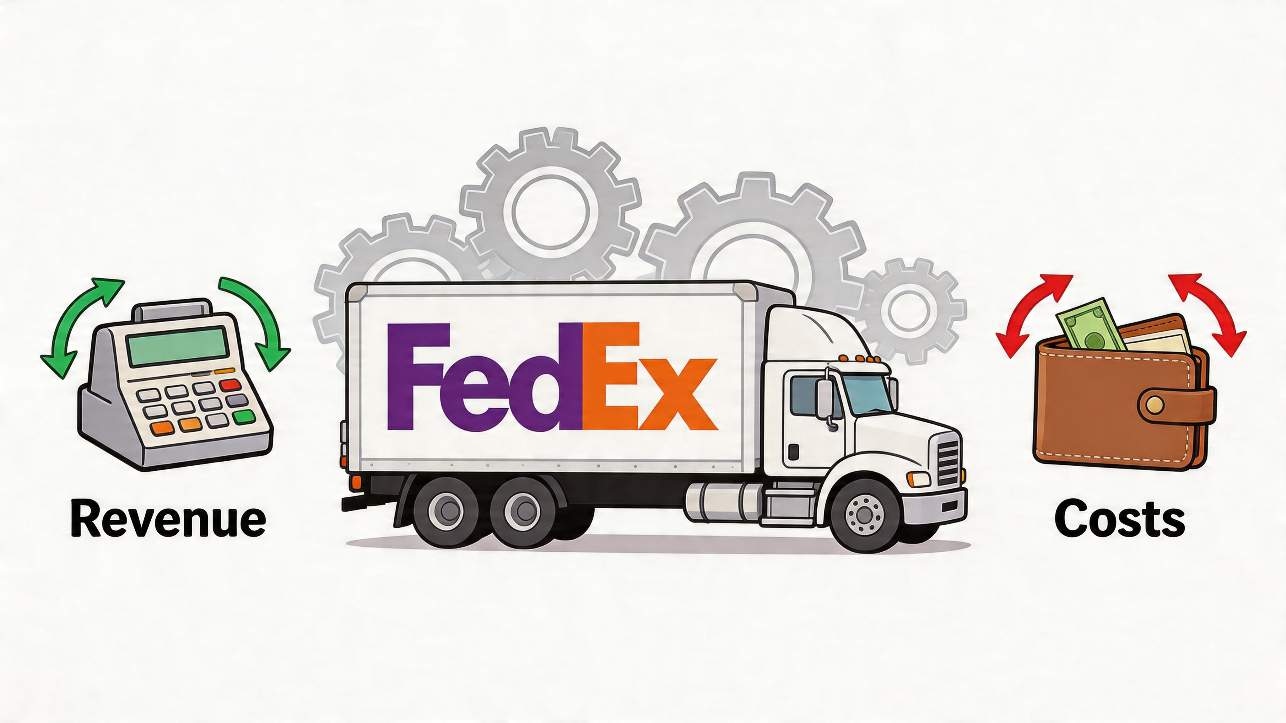 An illustration showing a FedEx truck surrounded by gears, symbolizing the operational balance between revenue and costs.