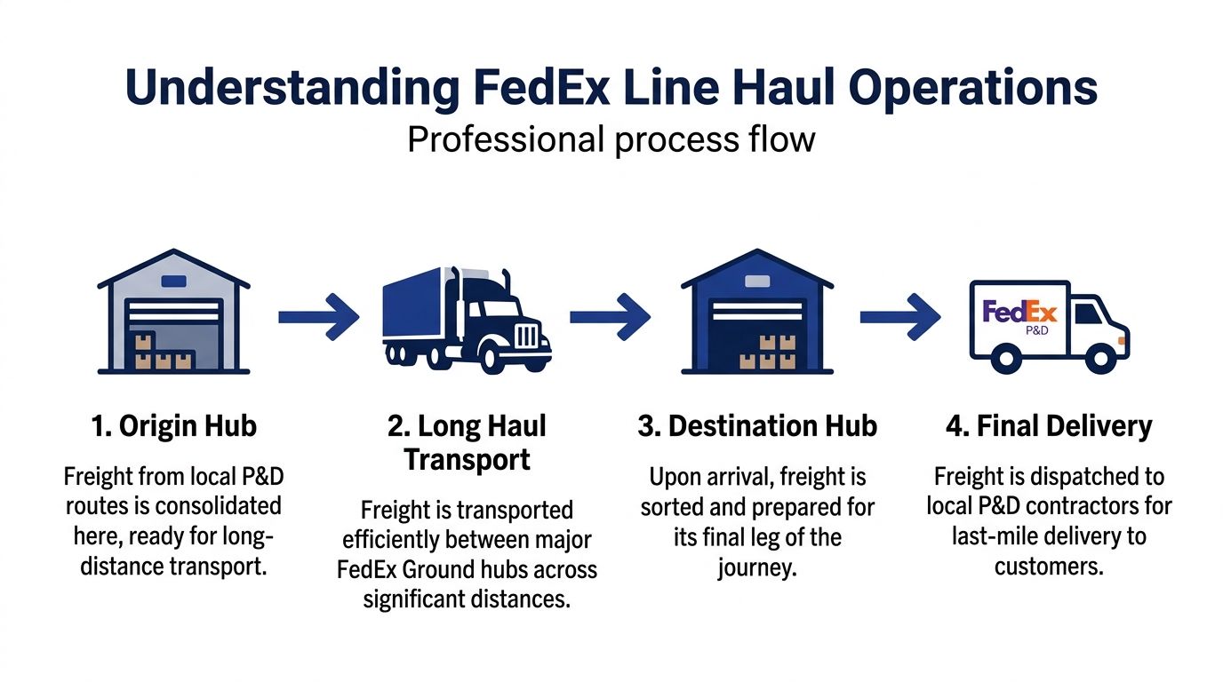 A professional flow chart illustrating the four steps of the FedEx line haul operations logistics process.