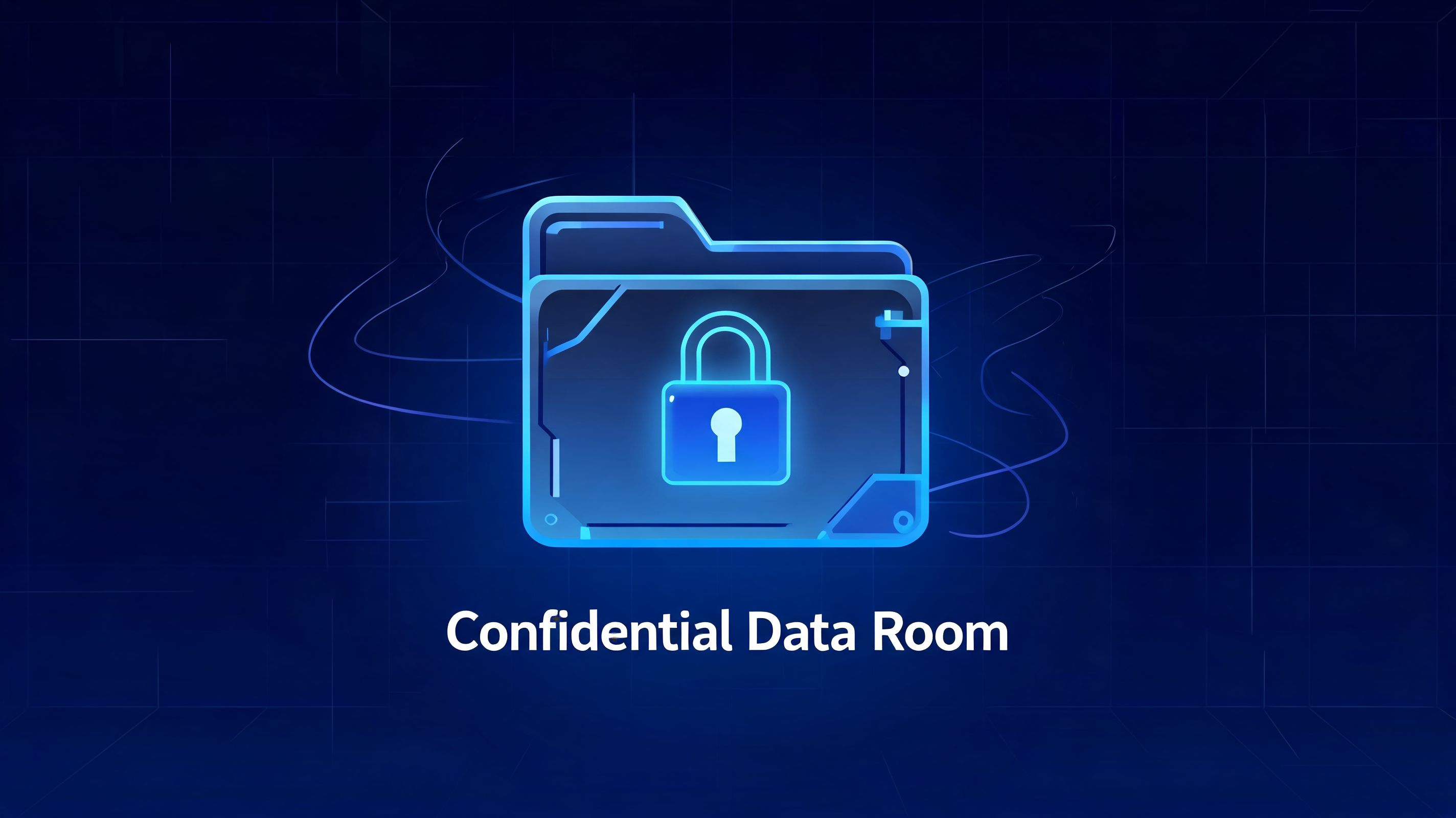 A digital illustration of a secure blue folder icon with a padlock representing a confidential data room.