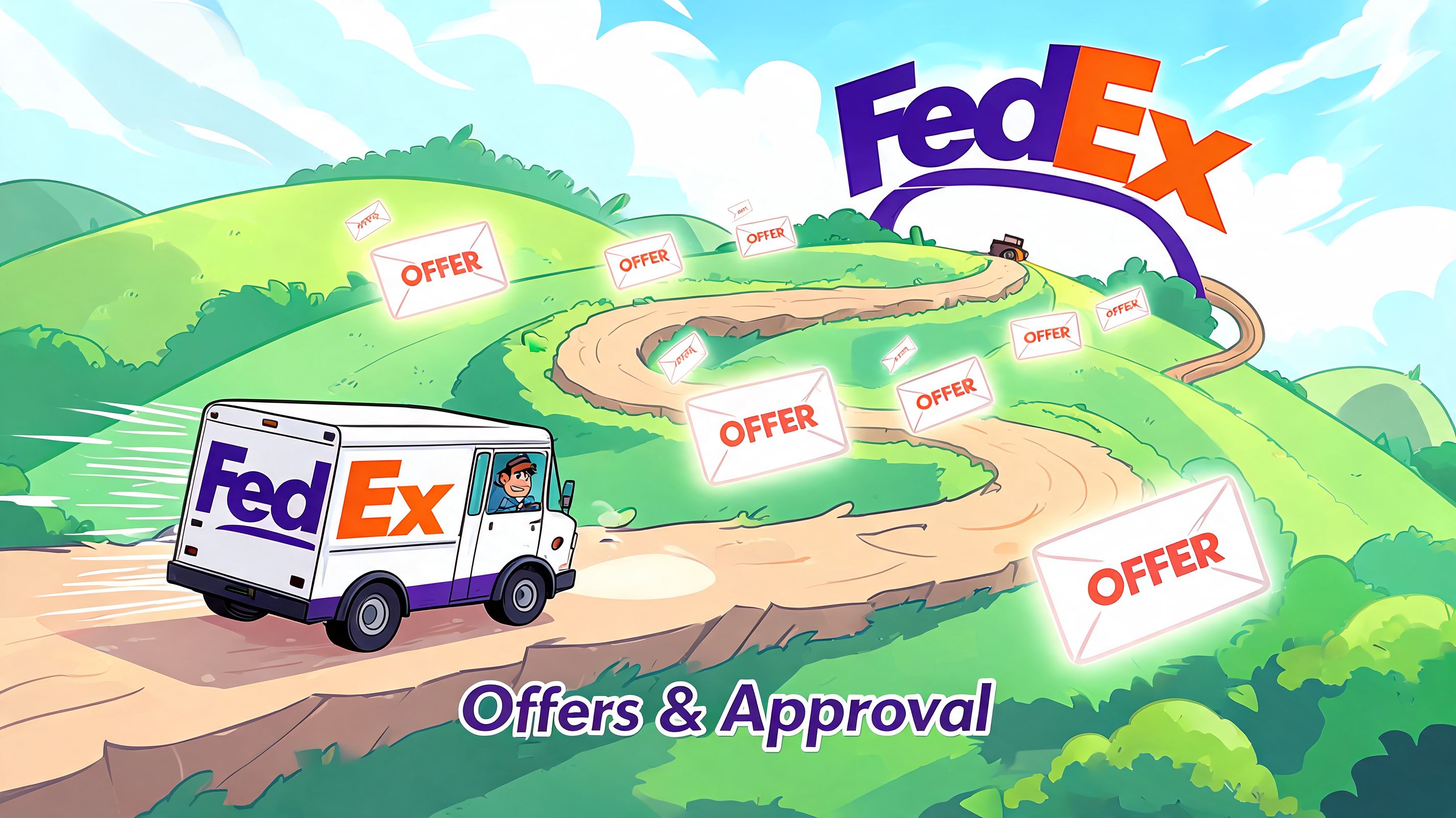 A FedEx truck driving on a winding road with floating offer letters, symbolizing logistics and approval processes.