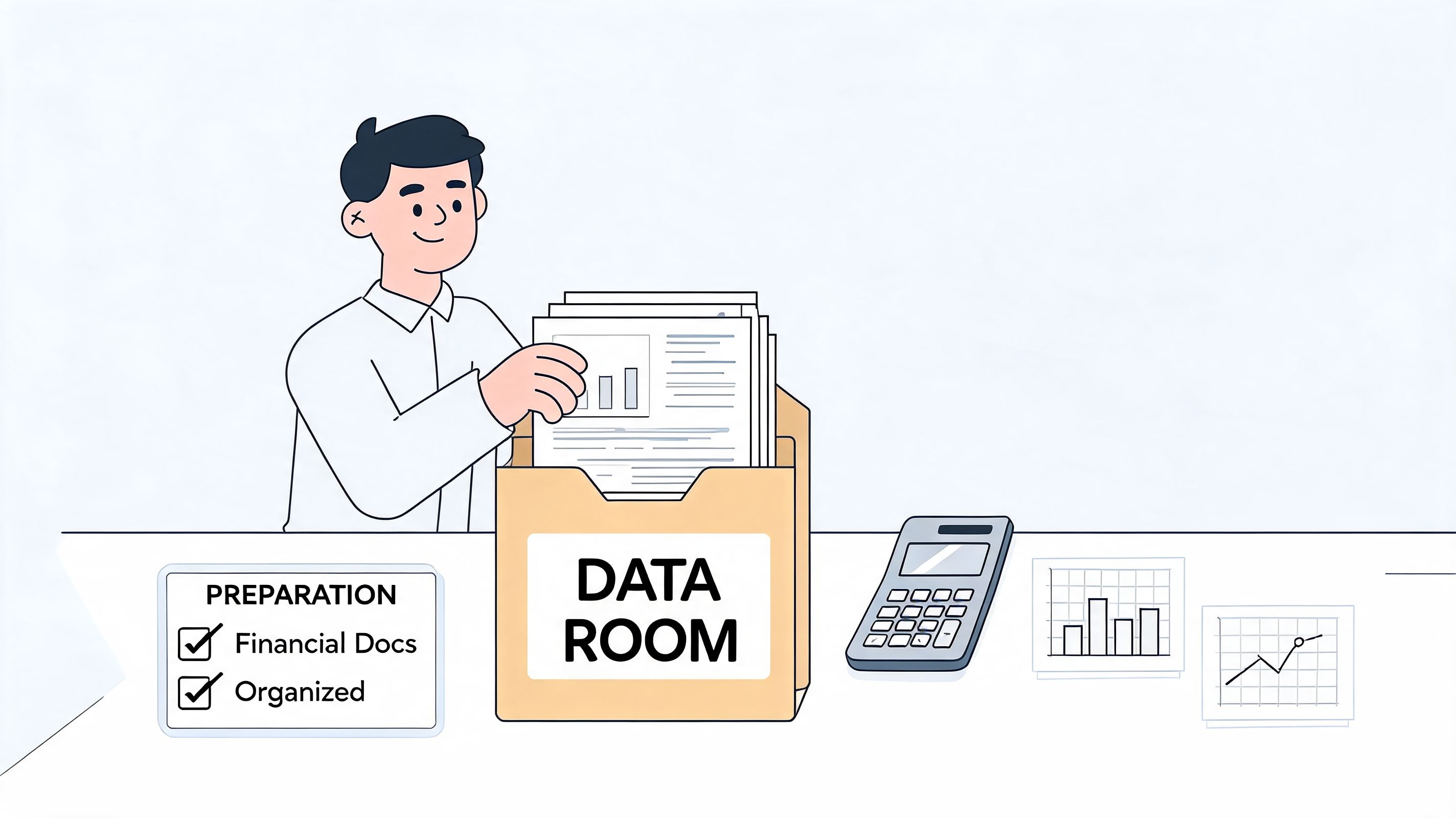 A professional organizing financial documents in a data room for a business transaction or audit preparation.