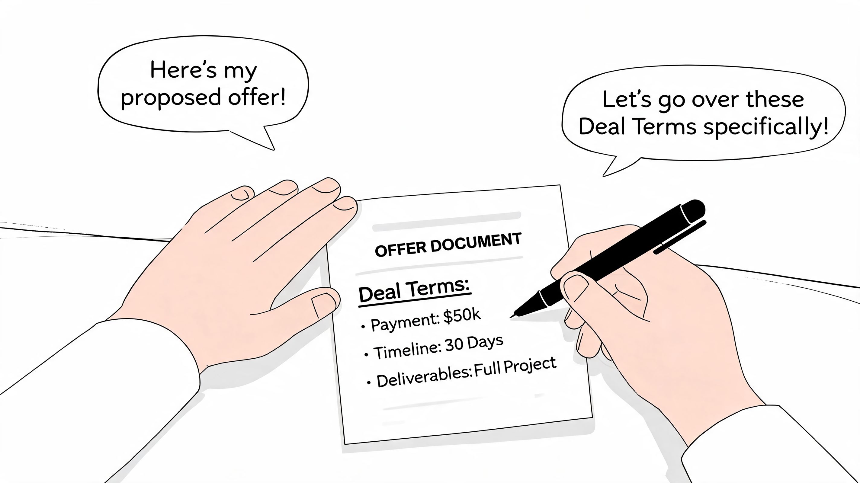 A person reviewing an offer document with deal terms including payment, timeline, and project deliverables.