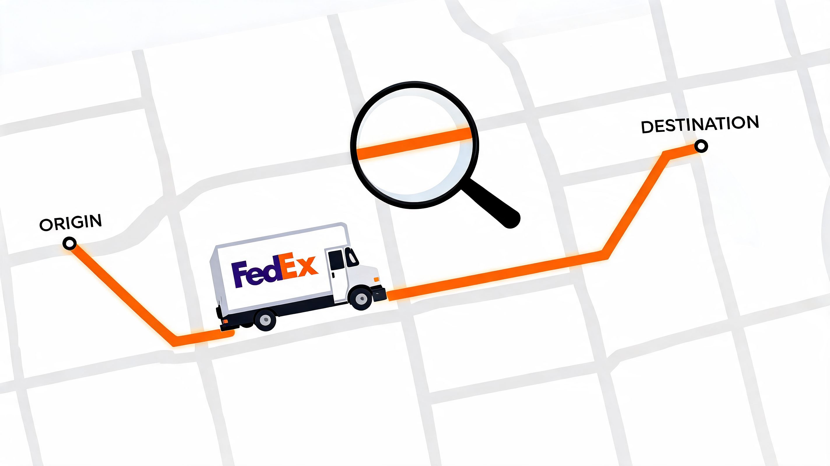A graphic illustration of a FedEx truck traveling along an orange route path between origin and destination points.