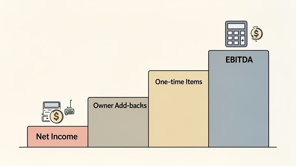 A step-by-step visual showing how to calculate EBITDA from Net Income, Owner Add-backs, and One-time Items.