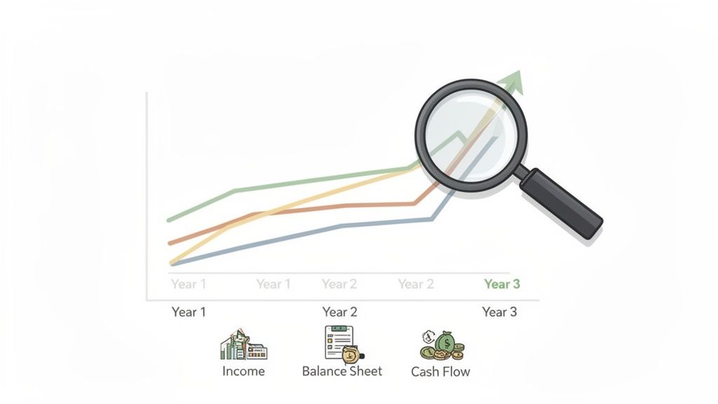 Graph showing financial growth over three years, with magnifying glass highlighting upward trends.
