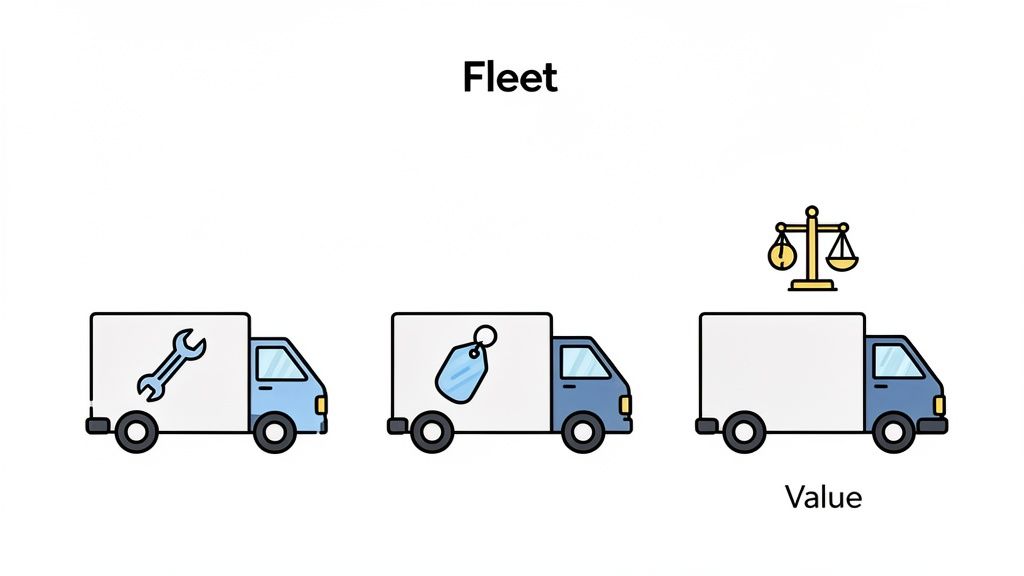 Three trucks illustrating fleet management concepts: maintenance, identification, and valuation.