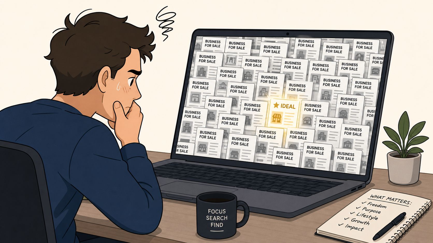 A person looking overwhelmed at a laptop screen filled with numerous business for sale listings.