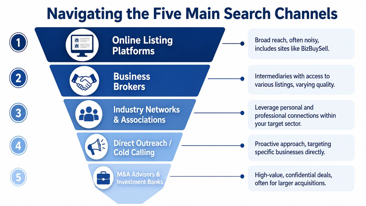 A funnel diagram illustrating the five main search channels for identifying businesses for sale or acquisition.