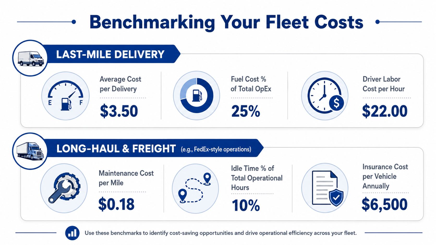 An infographic showing comparative benchmarking metrics for last-mile delivery and long-haul freight fleet management costs.
