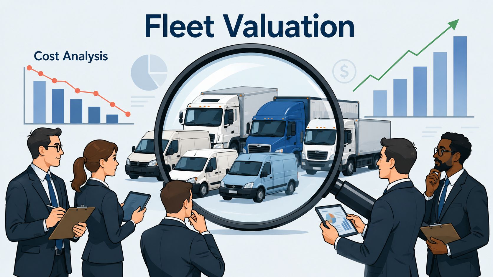 A professional team of business analysts reviewing fleet management data through a magnifying glass graphic.