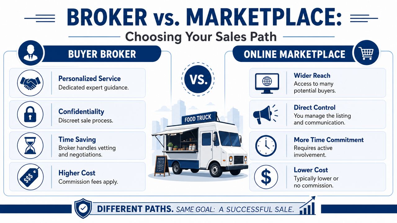 An infographic comparing the pros and cons of using a broker versus an online marketplace for selling a business.