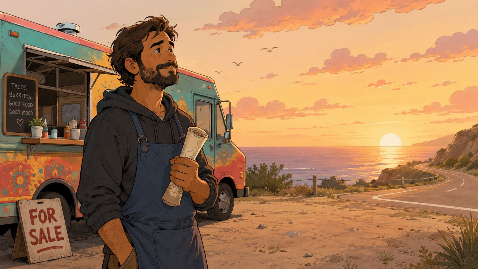 A man in an apron stands before his colorful food truck with a for sale sign at sunset.
