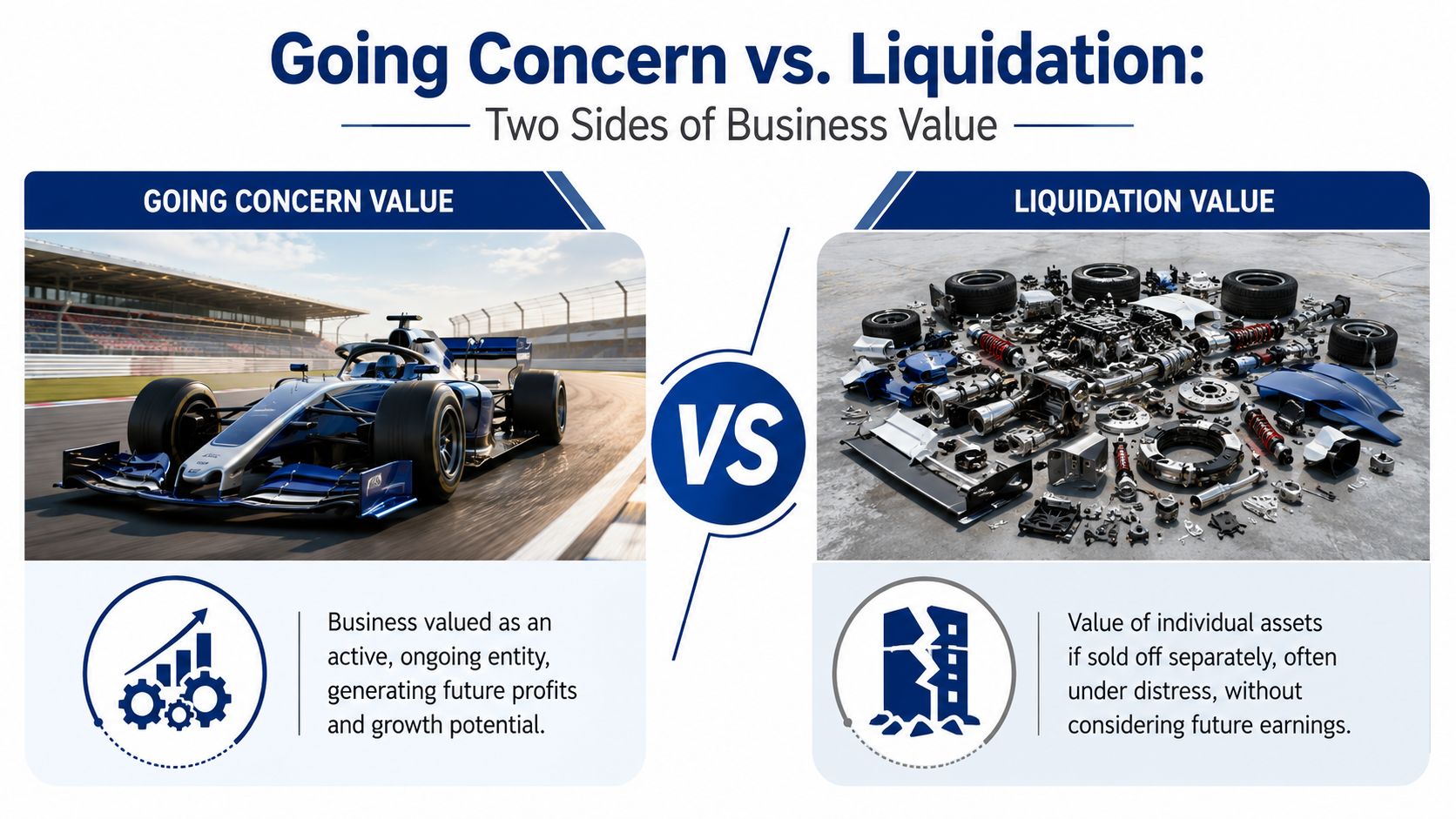 An infographic comparing going concern value, represented by a functional race car, with liquidation value, shown as disassembled parts.