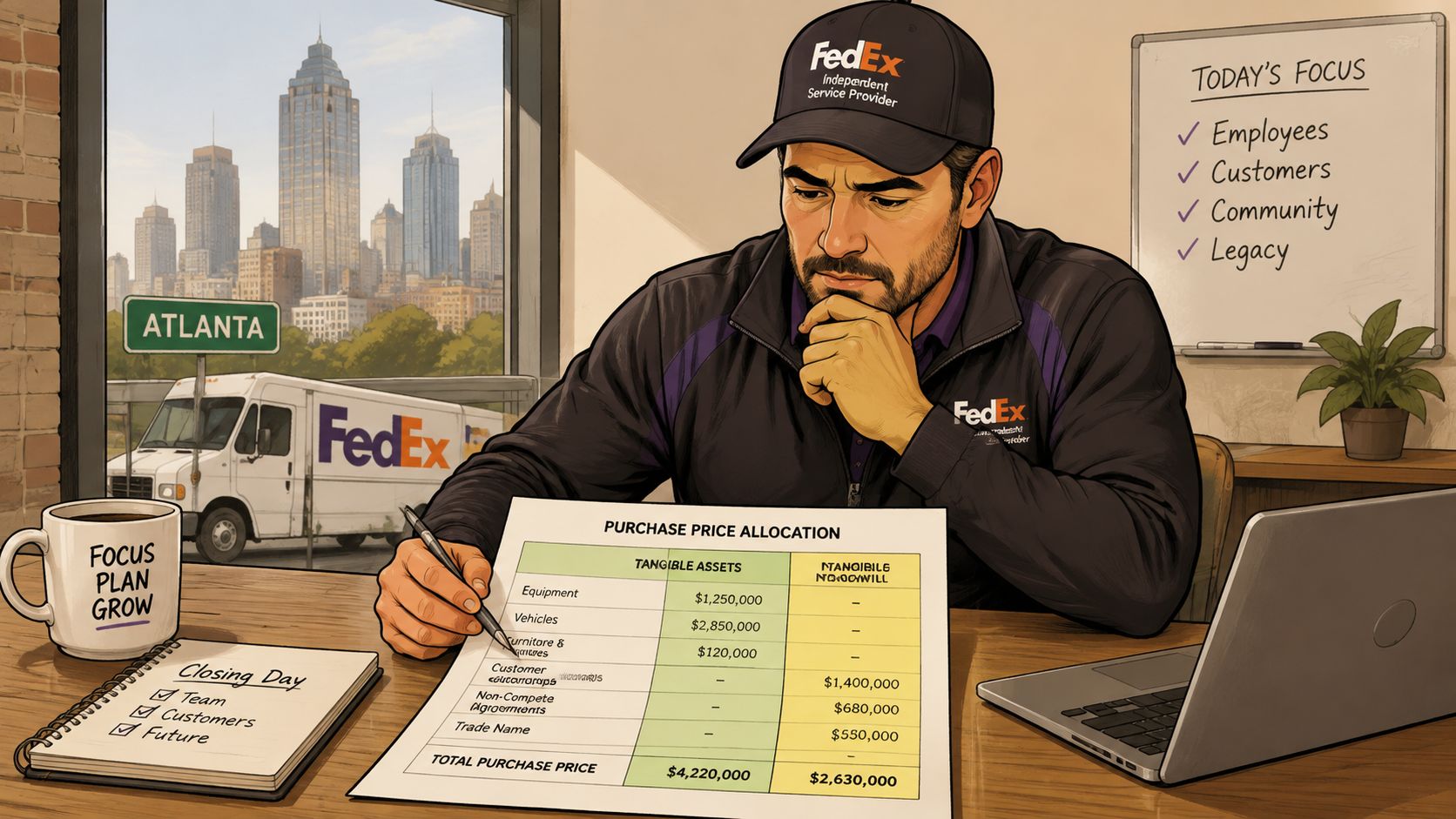 A professional in a FedEx uniform reviewing a purchase price allocation document at an office desk.