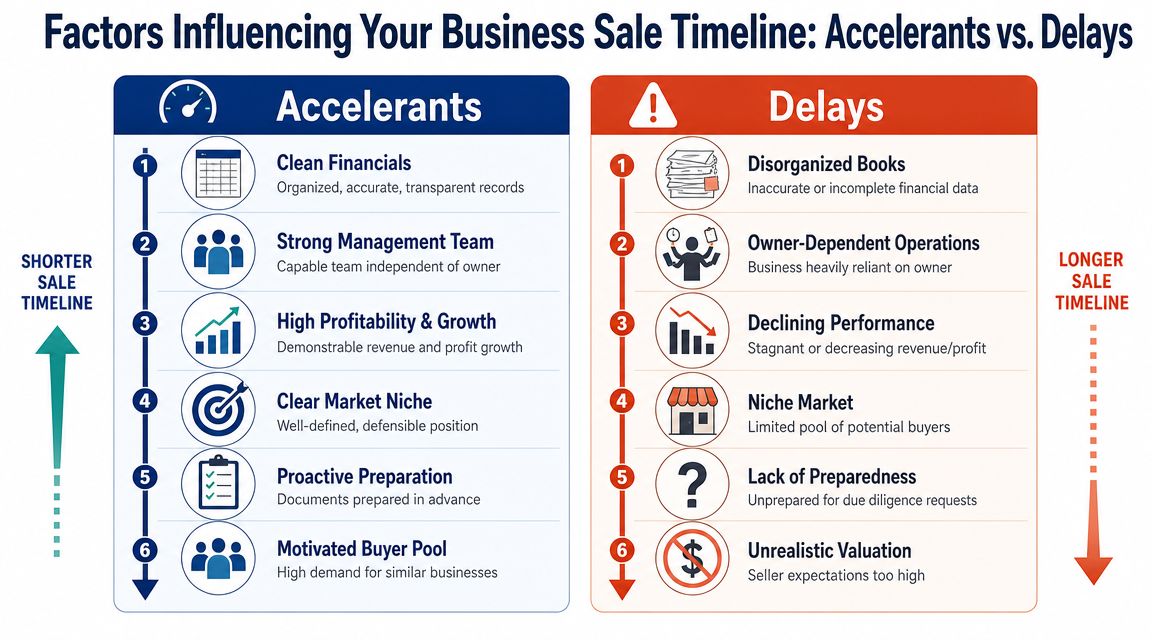 An infographic comparing factors that accelerate or delay the timeline for selling a business.
