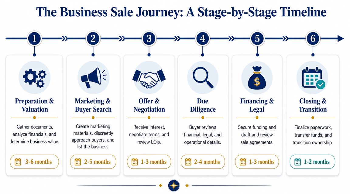 A timeline graphic showing the six stages of the business sale process with estimated durations for each.