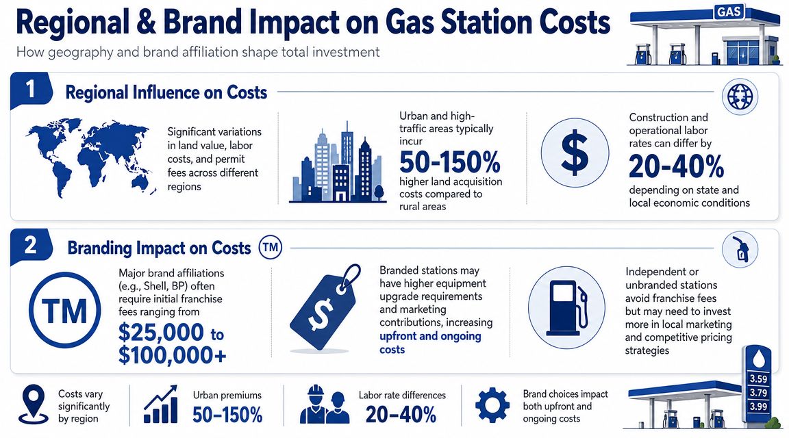An infographic showing how regional location and brand affiliation impact the total investment cost for gas stations.