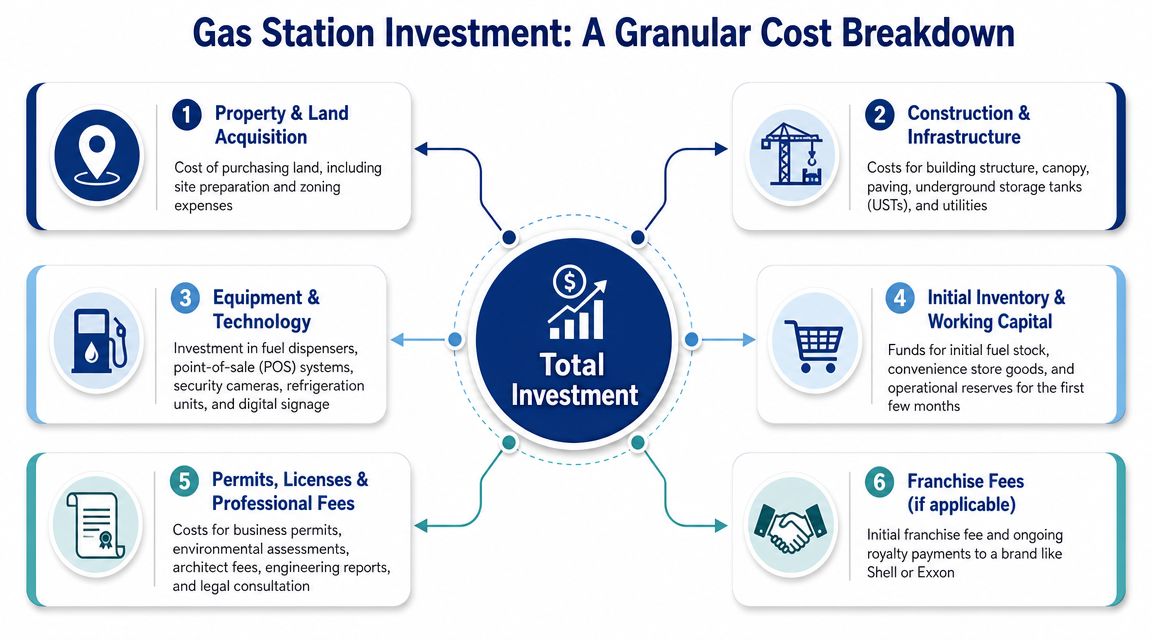 A diagram outlining the six key granular cost components for investing in a gas station business.