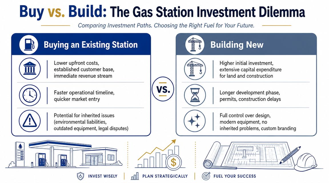 A comparison infographic detailing the pros and cons of buying an existing gas station versus building a new one.