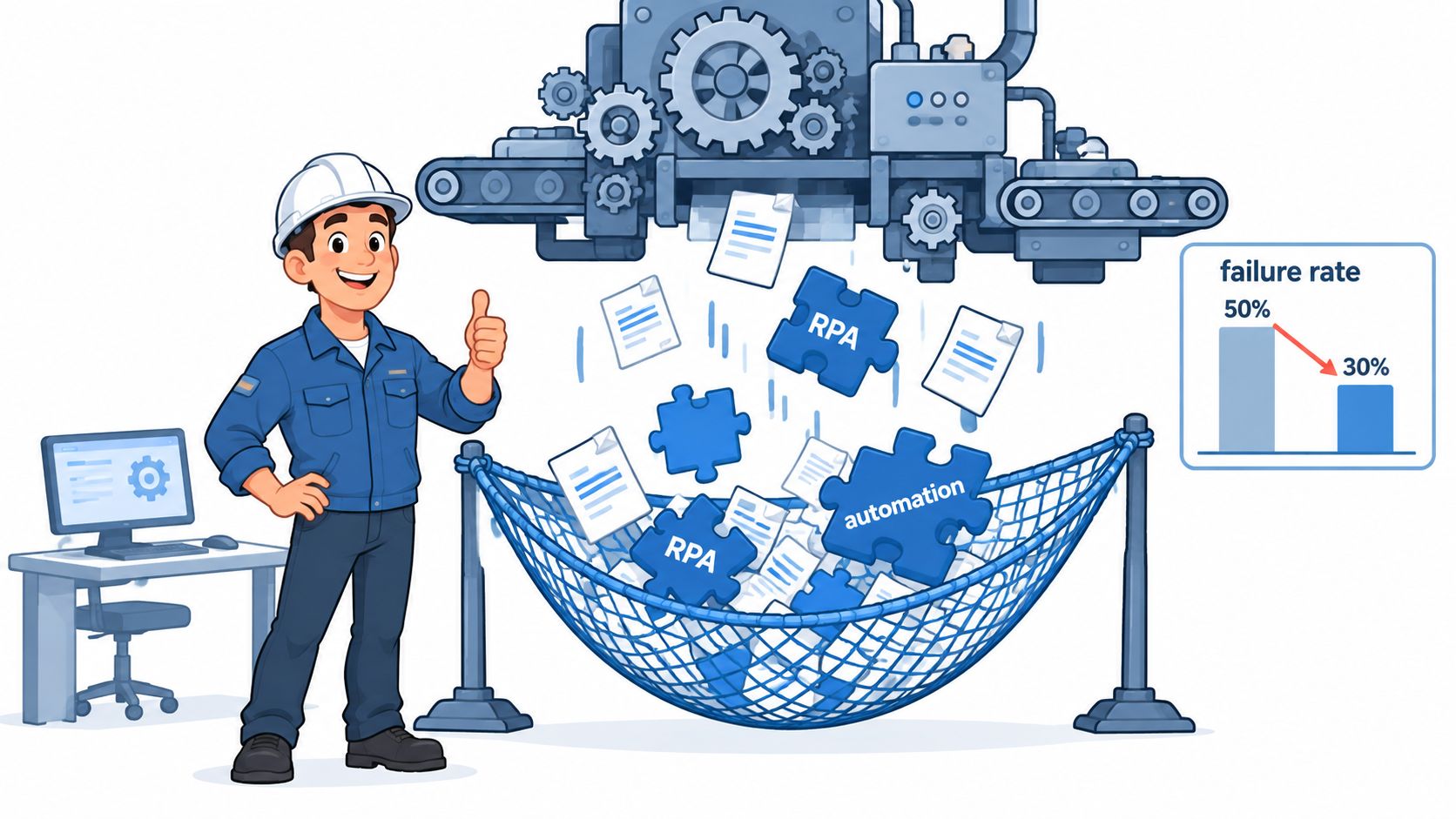 A happy worker giving a thumbs up next to automated machinery processing documents into an RPA net.