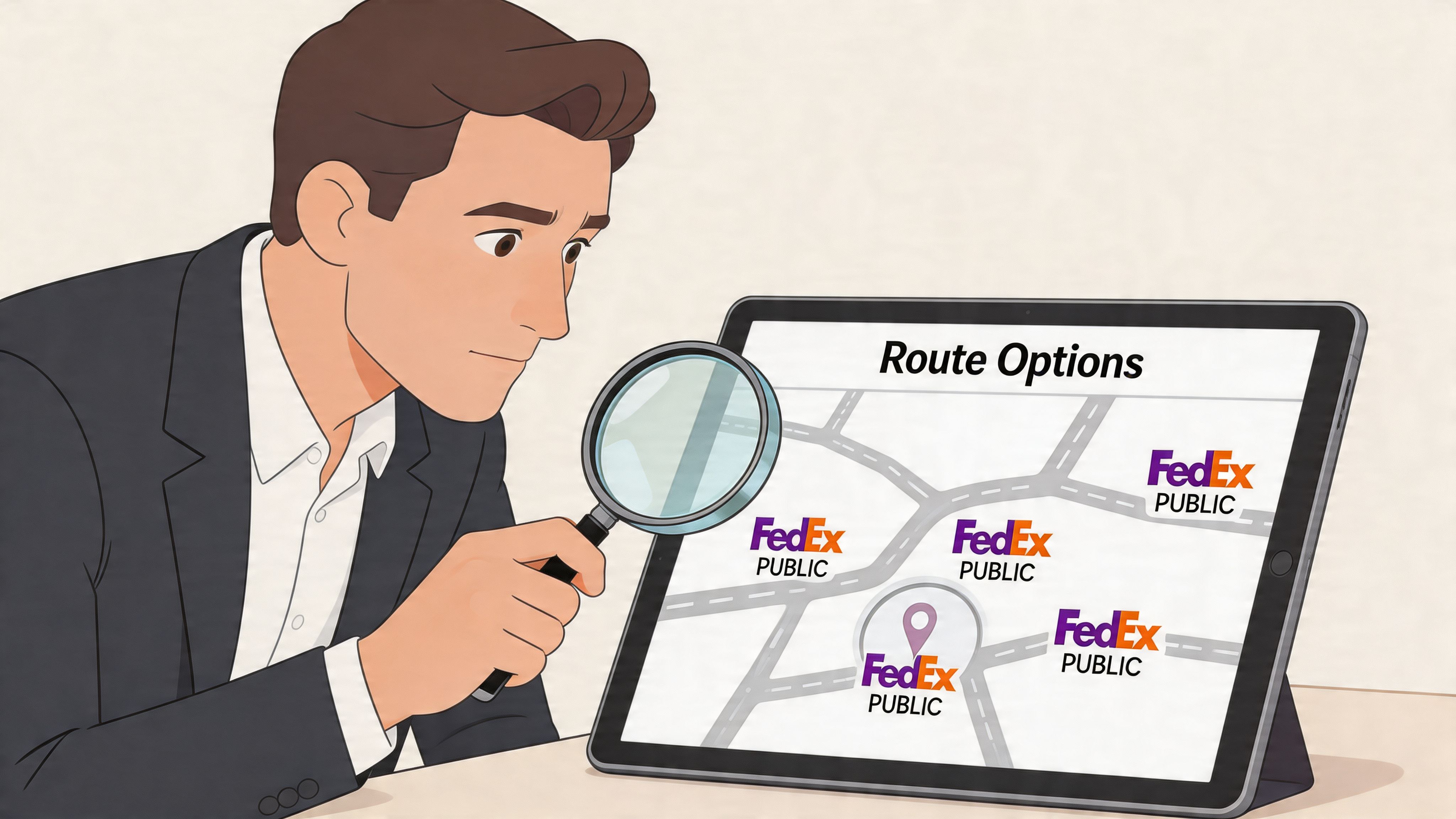 A professional man uses a magnifying glass to examine various FedEx delivery route options on a tablet.