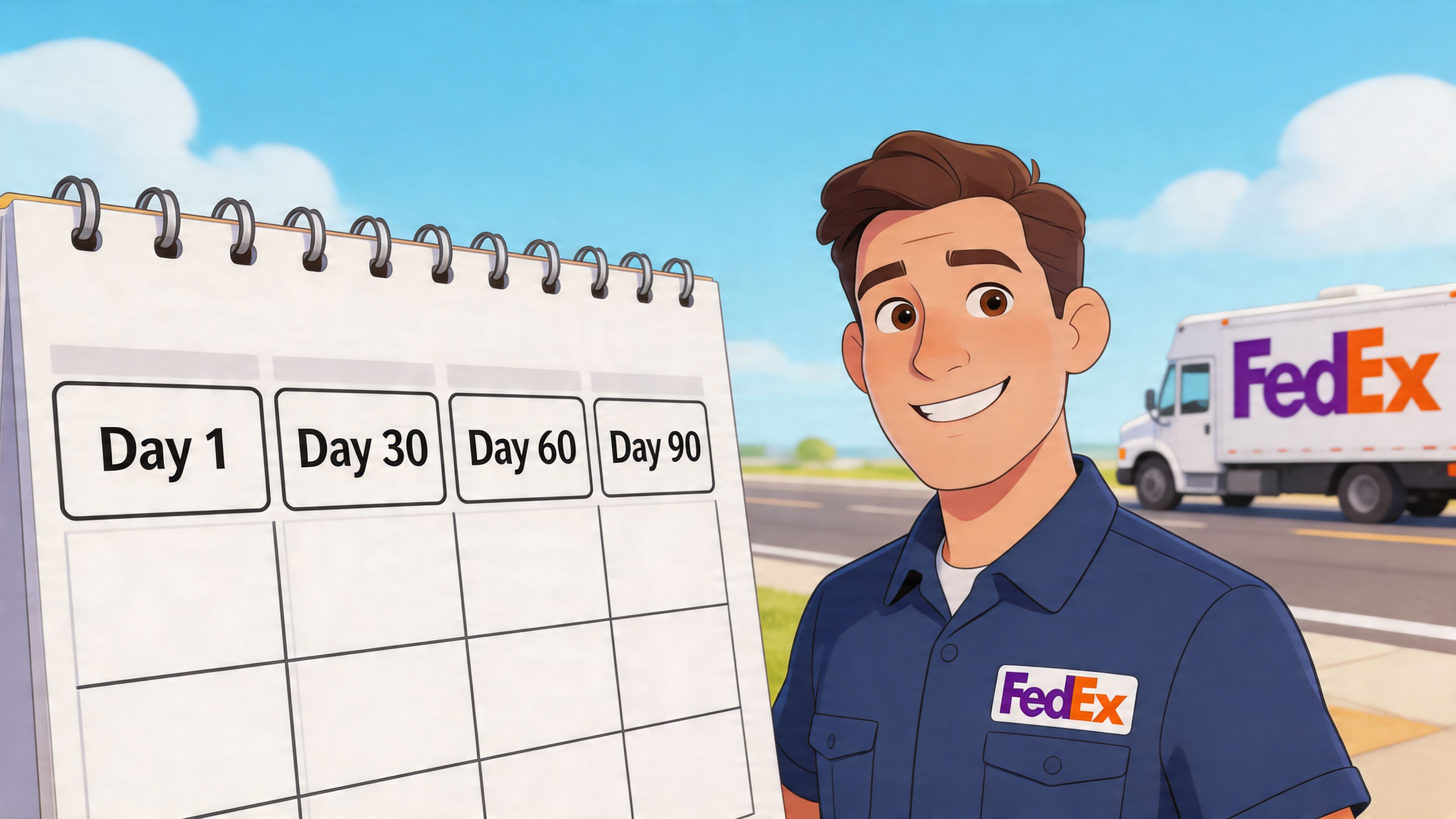 A friendly FedEx delivery driver standing next to a calendar marking Day 1, 30, 60, and 90.