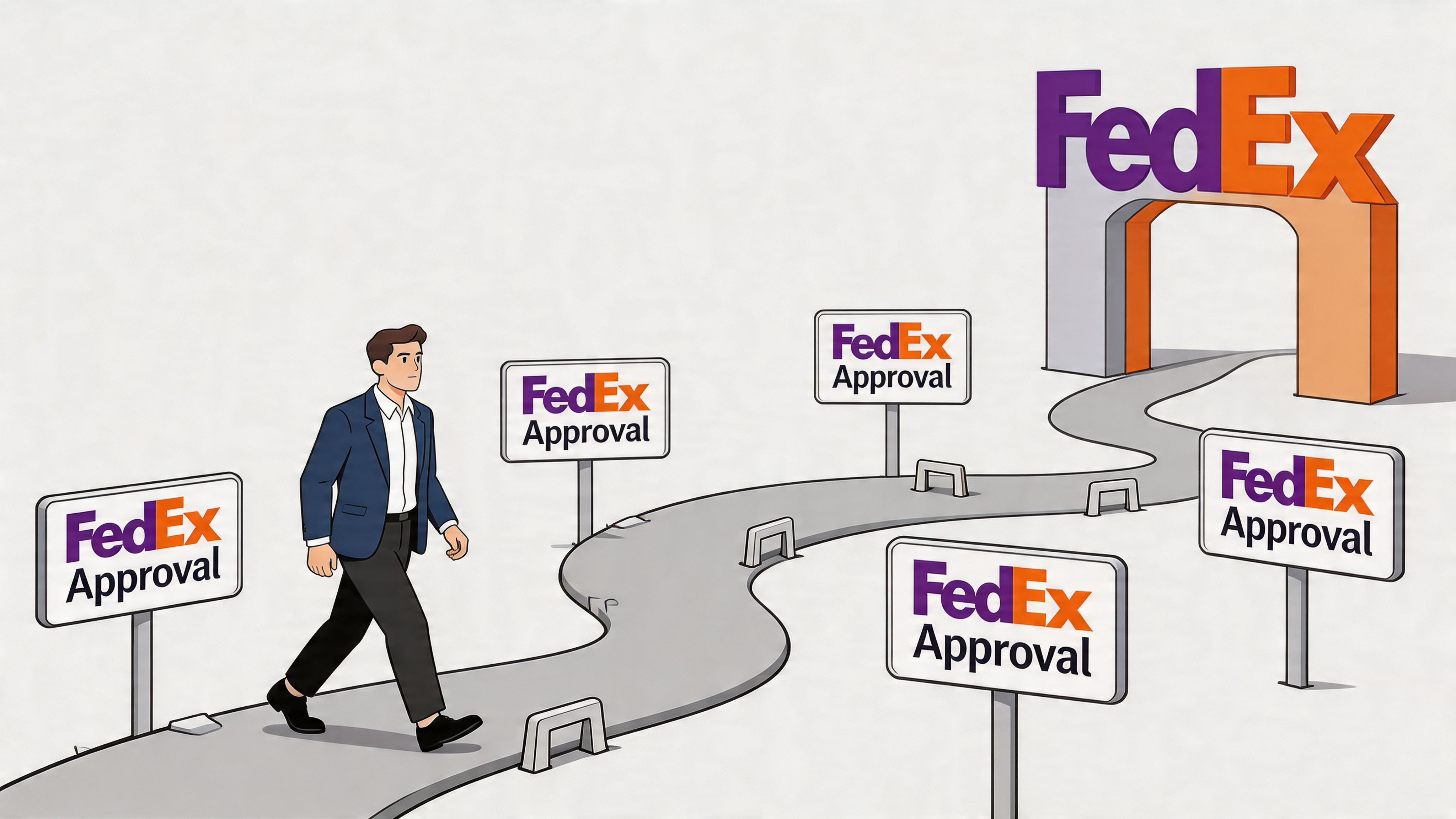 A business man walking along a path towards a large FedEx gate, symbolizing the route approval process.