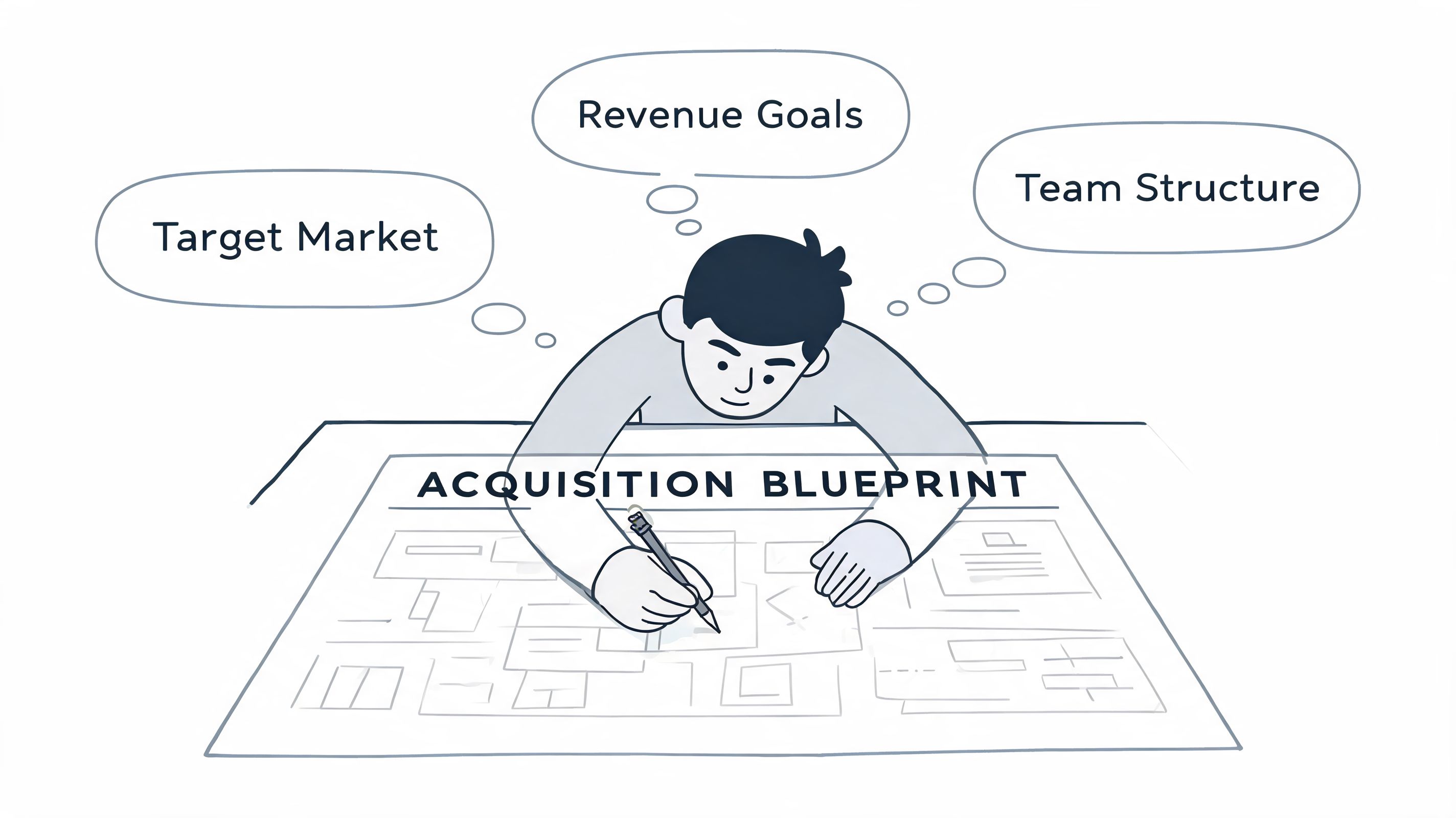 A person drawing an acquisition blueprint, brainstorming about target market, revenue goals, and team structure.
