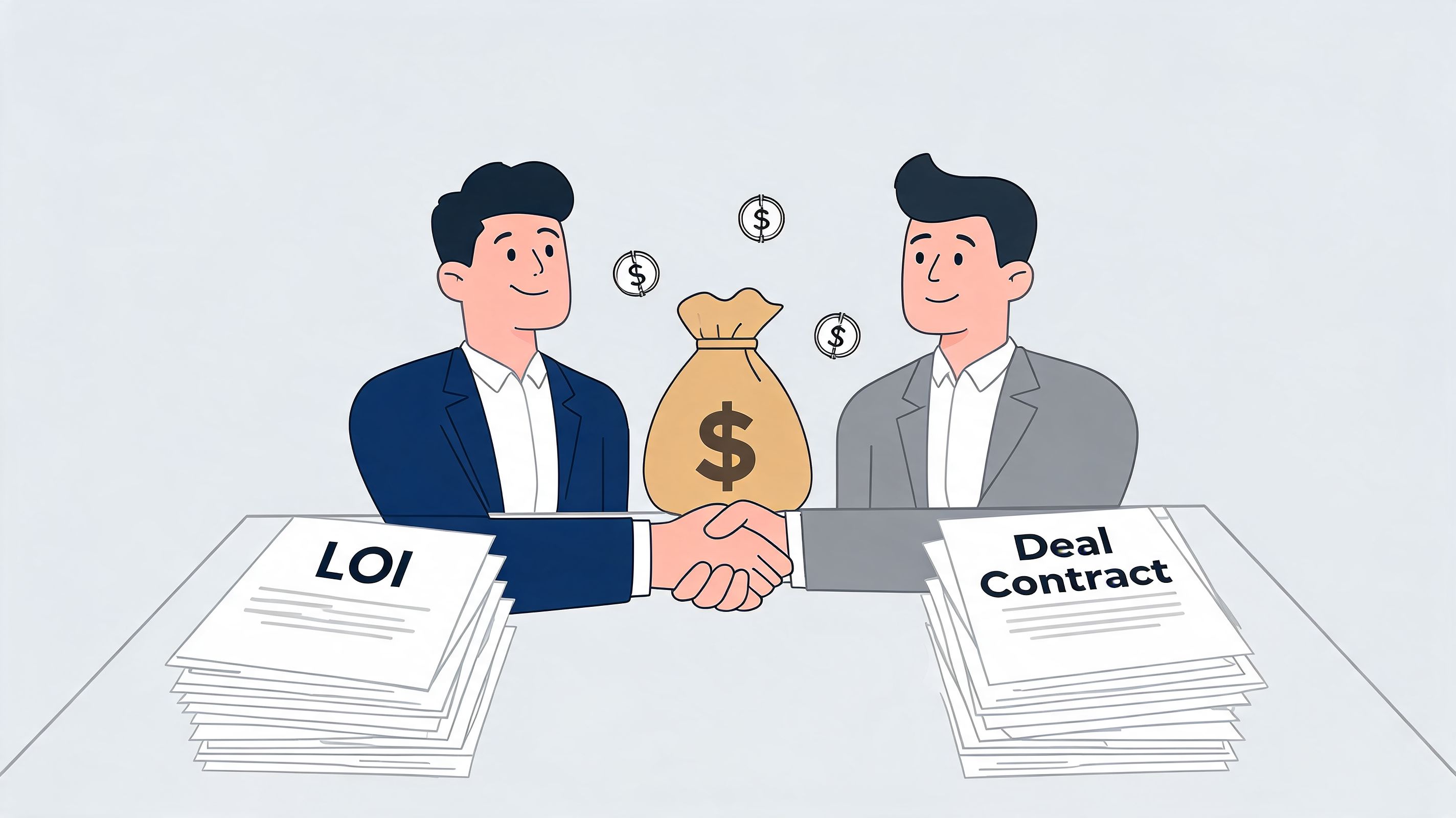 Two business partners shaking hands over a deal contract and letter of intent with money bags.
