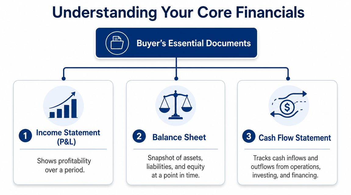 A diagram illustrating the three essential financial documents for buyers: Income Statement, Balance Sheet, and Cash Flow Statement.