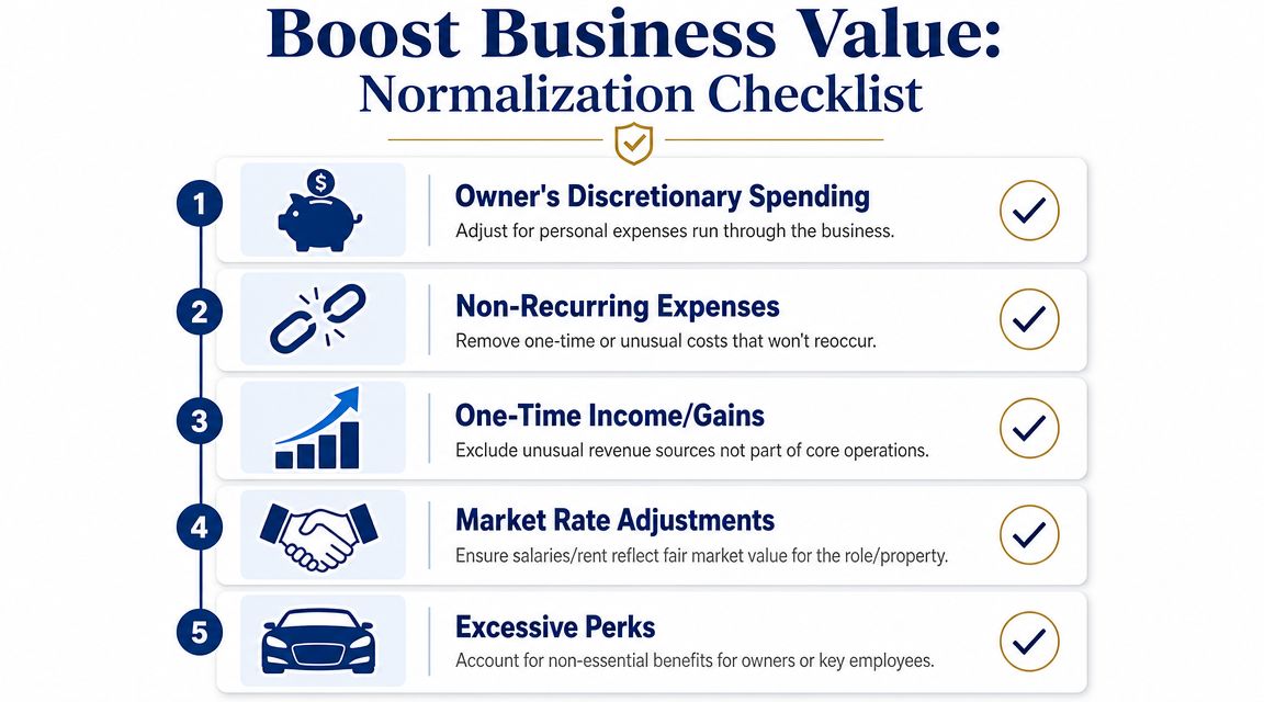 A five-step business normalization checklist for adjusting financial statements to boost company valuation and owner value.