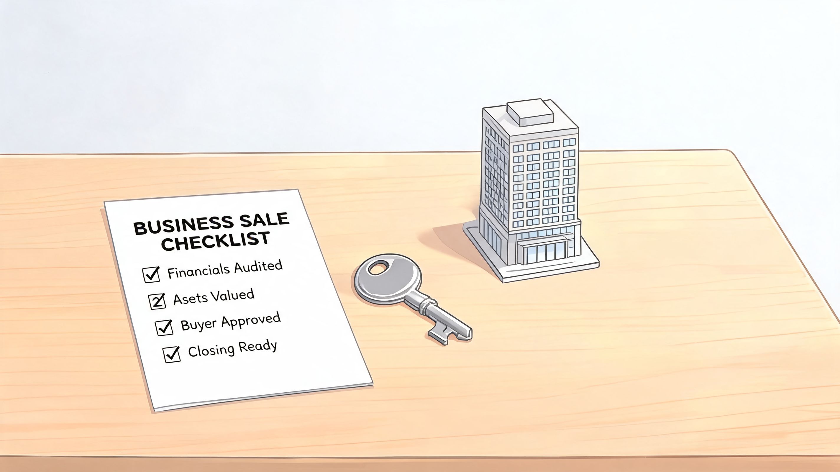 A business sale checklist paper, a metal key, and a miniature office building on a desk.